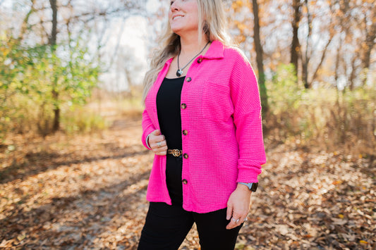 Pink Waffle Knit Button Up