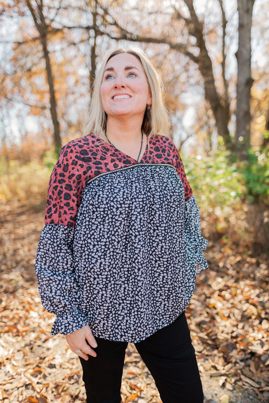 Leopard Patchwork Long Sleeve Top