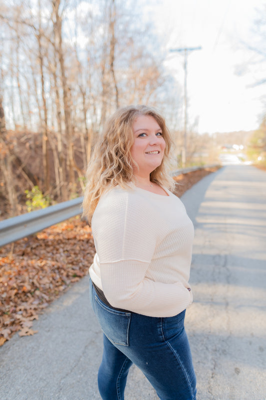 Plus Size Waffled V Neck Long Sleeve Top